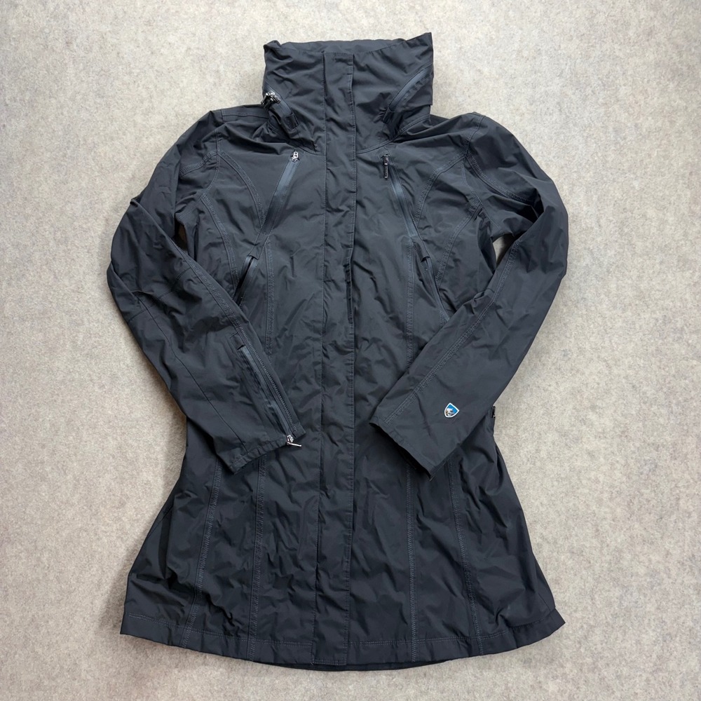 KUHL Jetstream Trench Jacket Black Blue Womens Medium Waterproof Rain Shell Coat